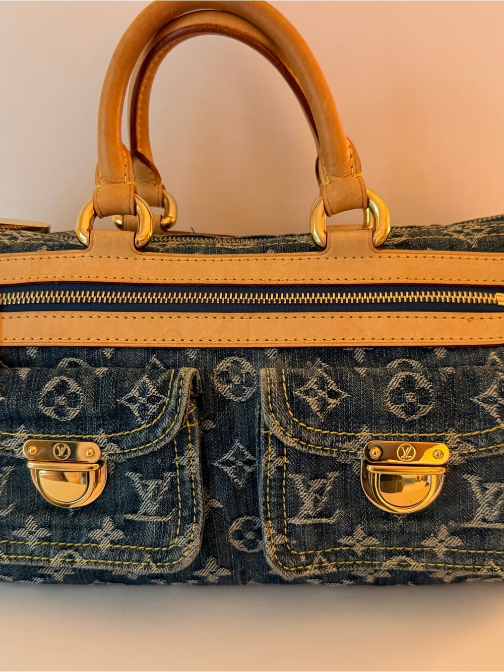 2006 Neo SpeedyLouis Vuitton Blue Denim Monogram Briefcase with Tan Leather Trim